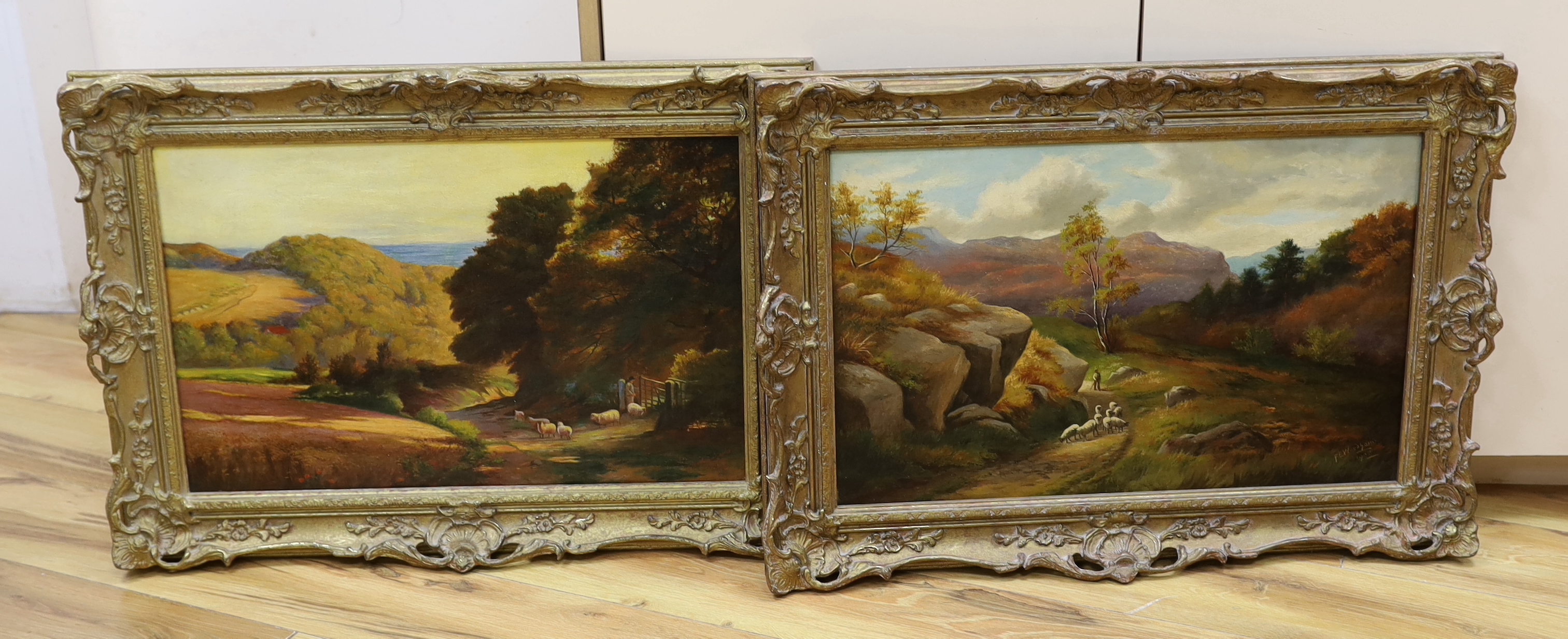 F. E. Woodbarns (19th / 20th. C), pair of oils on canvas, Autumn landscapes with shepherd and sheep, signed and dated 1908, each 54cm x 34cm, ornate gilt frames